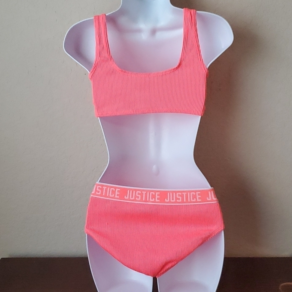 NWOT Justice neon orange 2 piece girls swim suit sz 16 🌛 - Picture 5 of 12